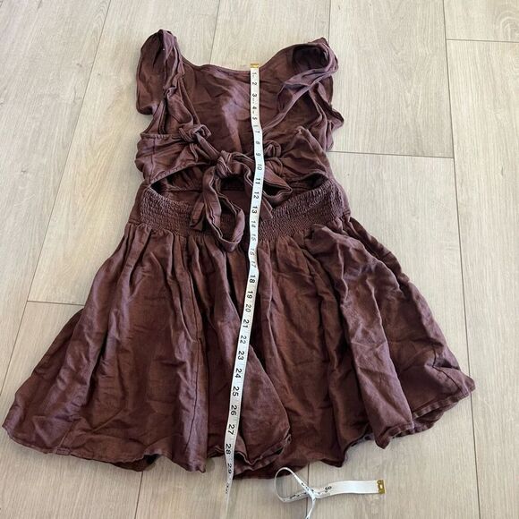 Free People brown pinafore Ruffle Sleeve Mini Linen Colette Dress size M - Picture 3 of 7